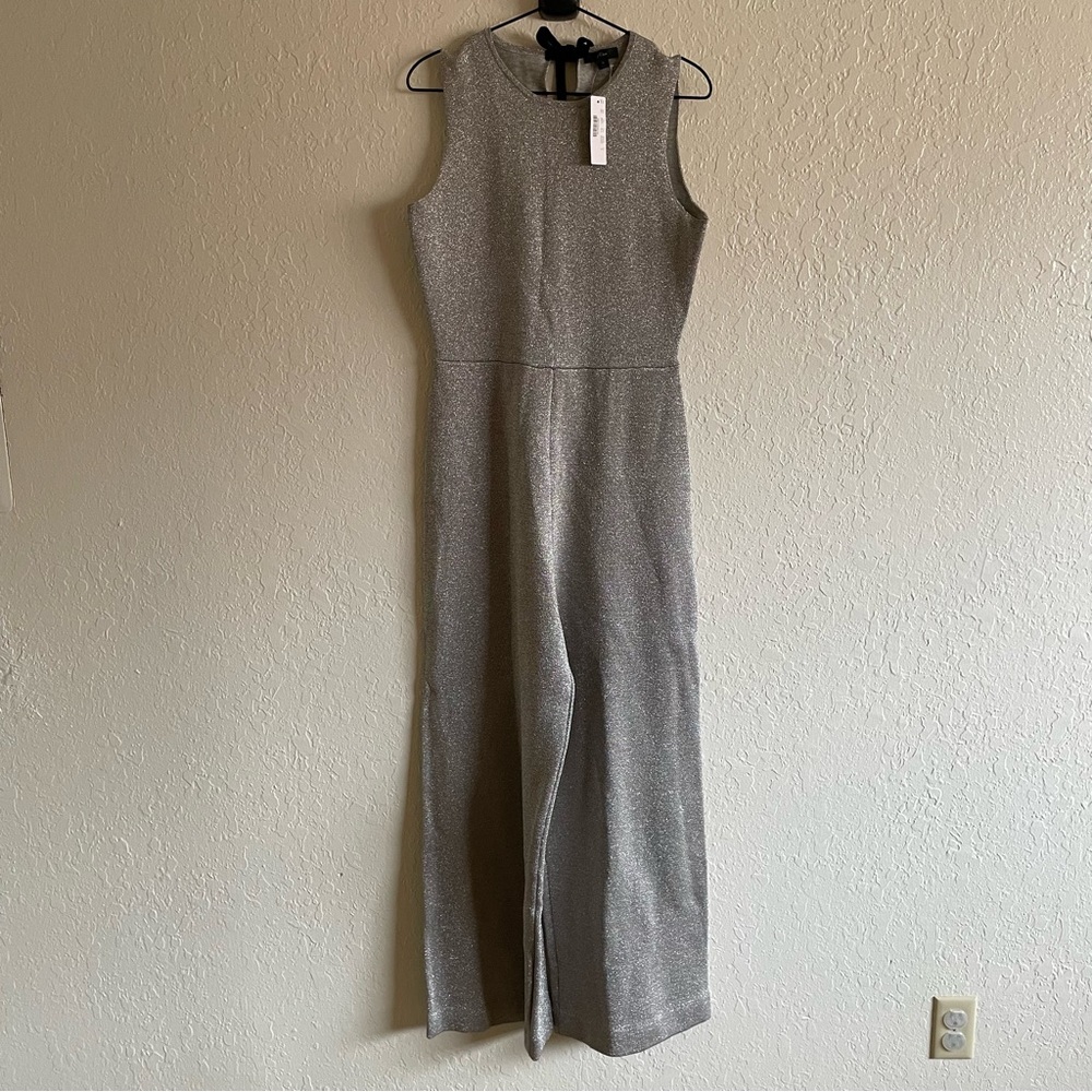 J. Crew sleeveless lurex silver metallic jumpsuit with velvet tie small NEW - Picture 4 of 9